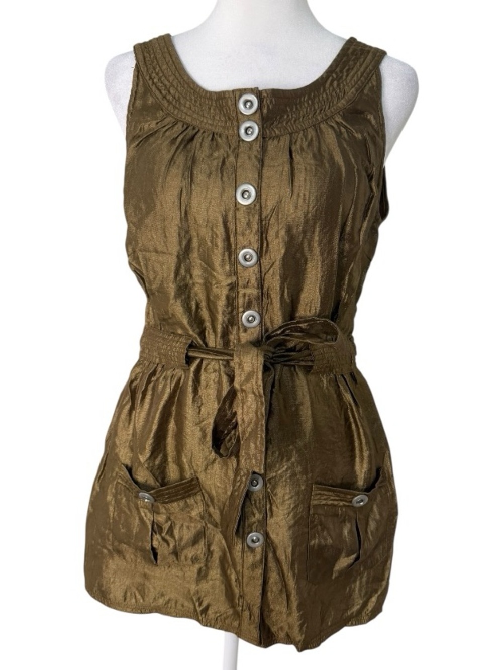 Vintage Capri Metallic Gold Utility Tunic Top Snap Front Tie Waist Pockets M
